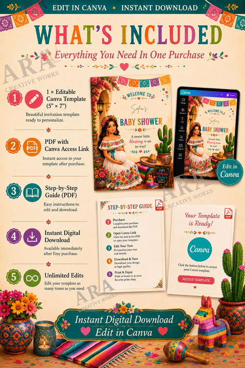 Colorful Fiesta Baby Shower Welcome Sign | Mexican Baby Shower Canva Template | Fiesta Welcome Poster | Editable Name | Instant Download
