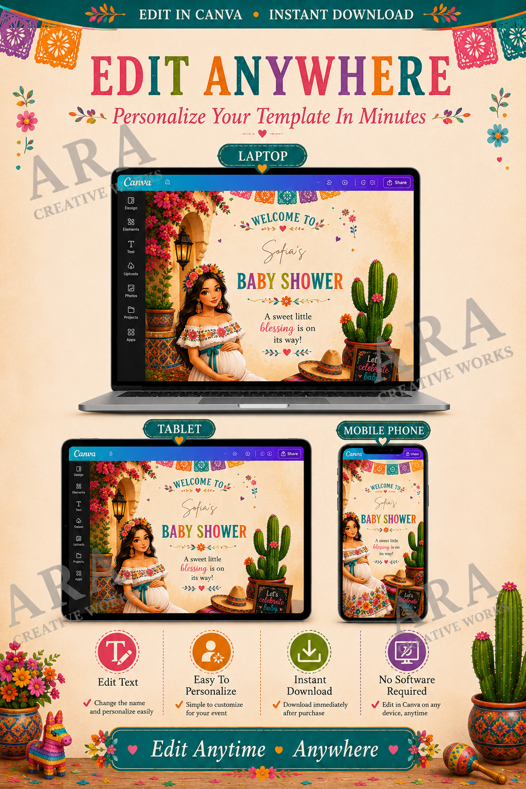 Colorful Fiesta Baby Shower Welcome Sign | Mexican Baby Shower Canva Template | Fiesta Welcome Poster | Editable Name | Instant Download