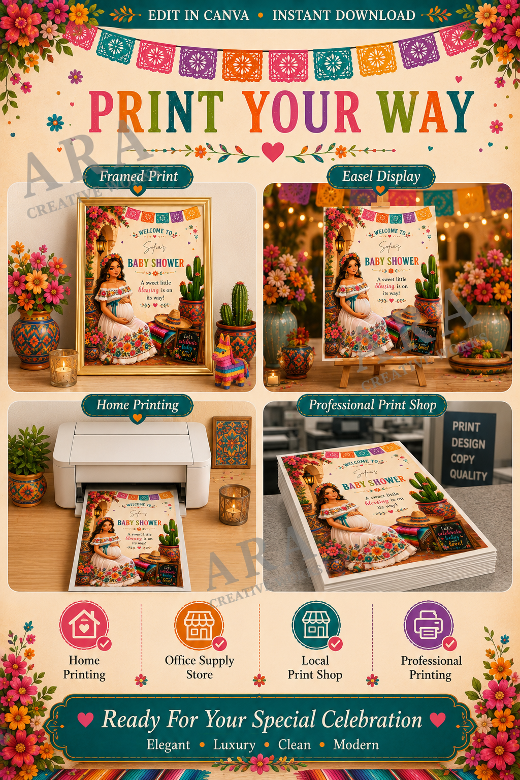 Colorful Fiesta Baby Shower Welcome Sign | Mexican Baby Shower Canva Template | Fiesta Welcome Poster | Editable Name | Instant Download