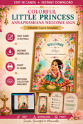 Colorful Little Princess Annaprashana Welcome Sign | Baby Girl Rice Ceremony | Editable Canva Template | Indian First Feeding Sign