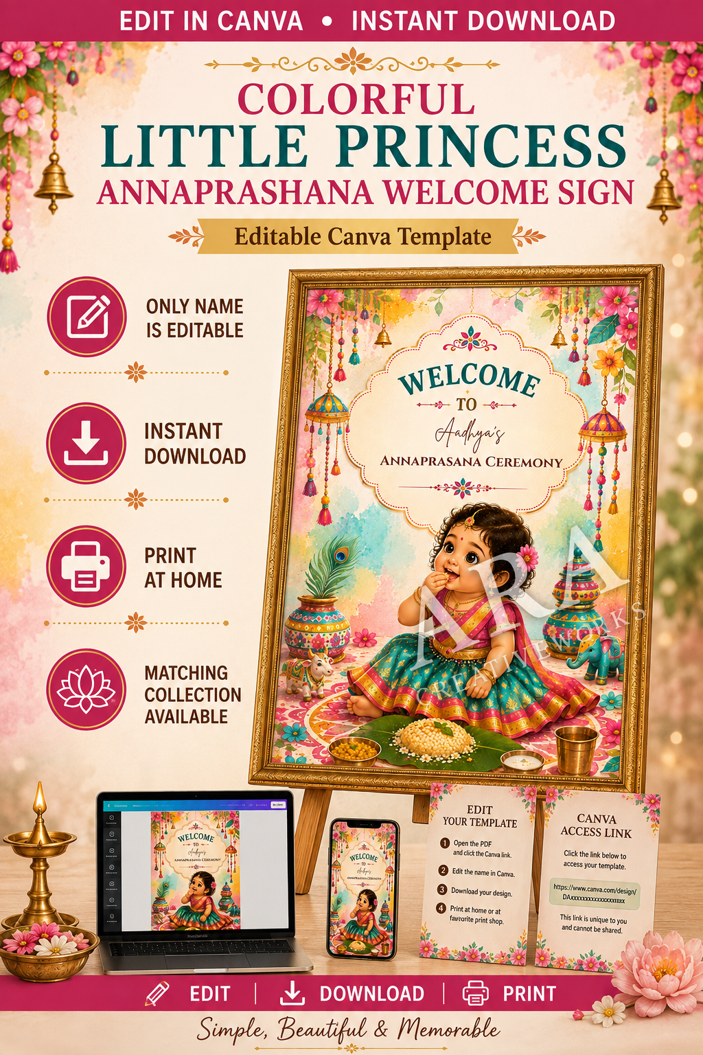 Colorful Little Princess Annaprashana Welcome Sign | Baby Girl Rice Ceremony | Editable Canva Template | Indian First Feeding Sign