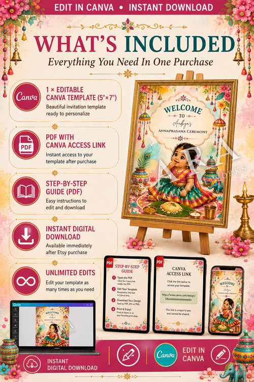 Colorful Little Princess Annaprashana Welcome Sign | Baby Girl Rice Ceremony | Editable Canva Template | Indian First Feeding Sign