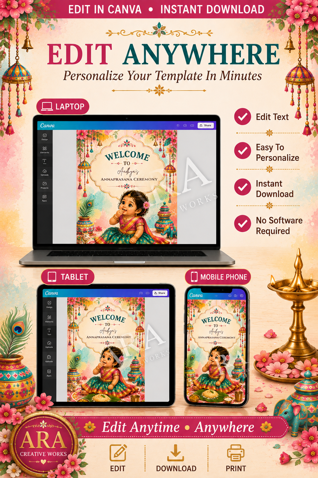 Colorful Little Princess Annaprashana Welcome Sign | Baby Girl Rice Ceremony | Editable Canva Template | Indian First Feeding Sign