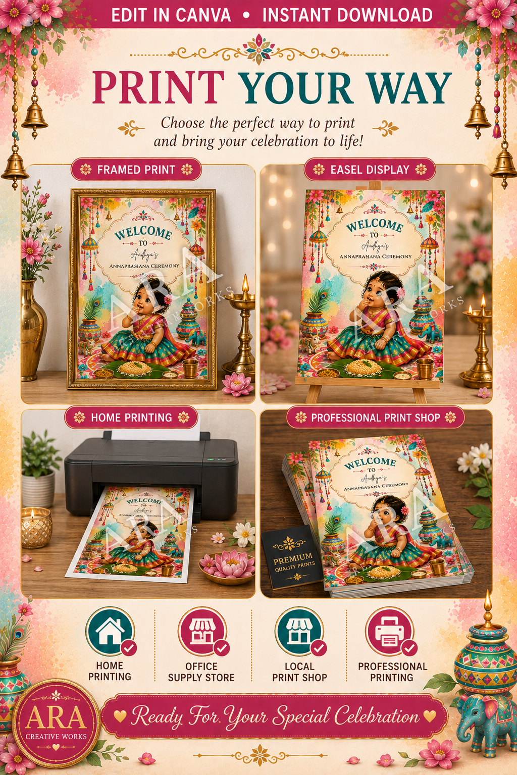 Colorful Little Princess Annaprashana Welcome Sign | Baby Girl Rice Ceremony | Editable Canva Template | Indian First Feeding Sign