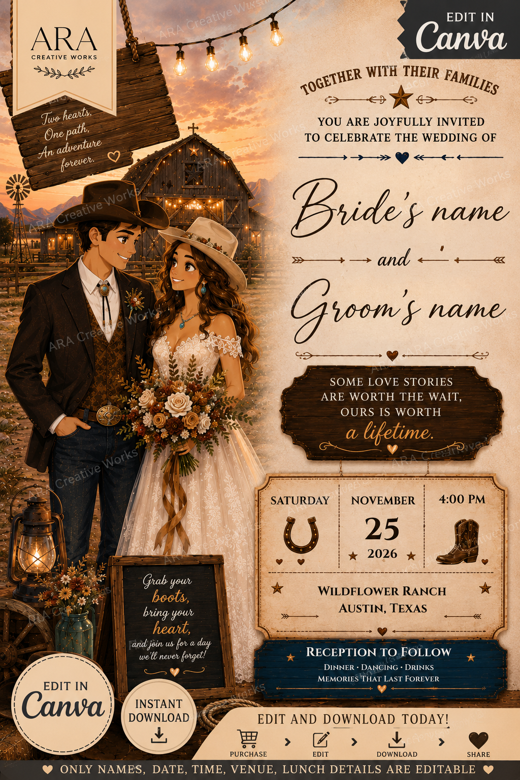 Country Love Wedding Invitation Template | Western Wedding Invitation | Cowboy Wedding Invite | Rustic Ranch Wedding | Canva Editable Invitation
