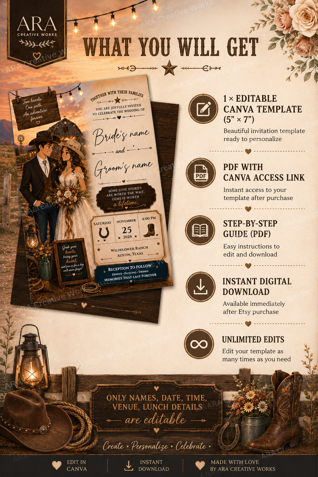 Country Love Wedding Invitation Template | Western Wedding Invitation | Cowboy Wedding Invite | Rustic Ranch Wedding | Canva Editable Invitation