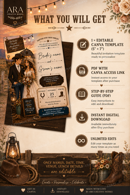 Country Love Wedding Invitation Template | Western Wedding Invitation | Cowboy Wedding Invite | Rustic Ranch Wedding | Canva Editable Invitation