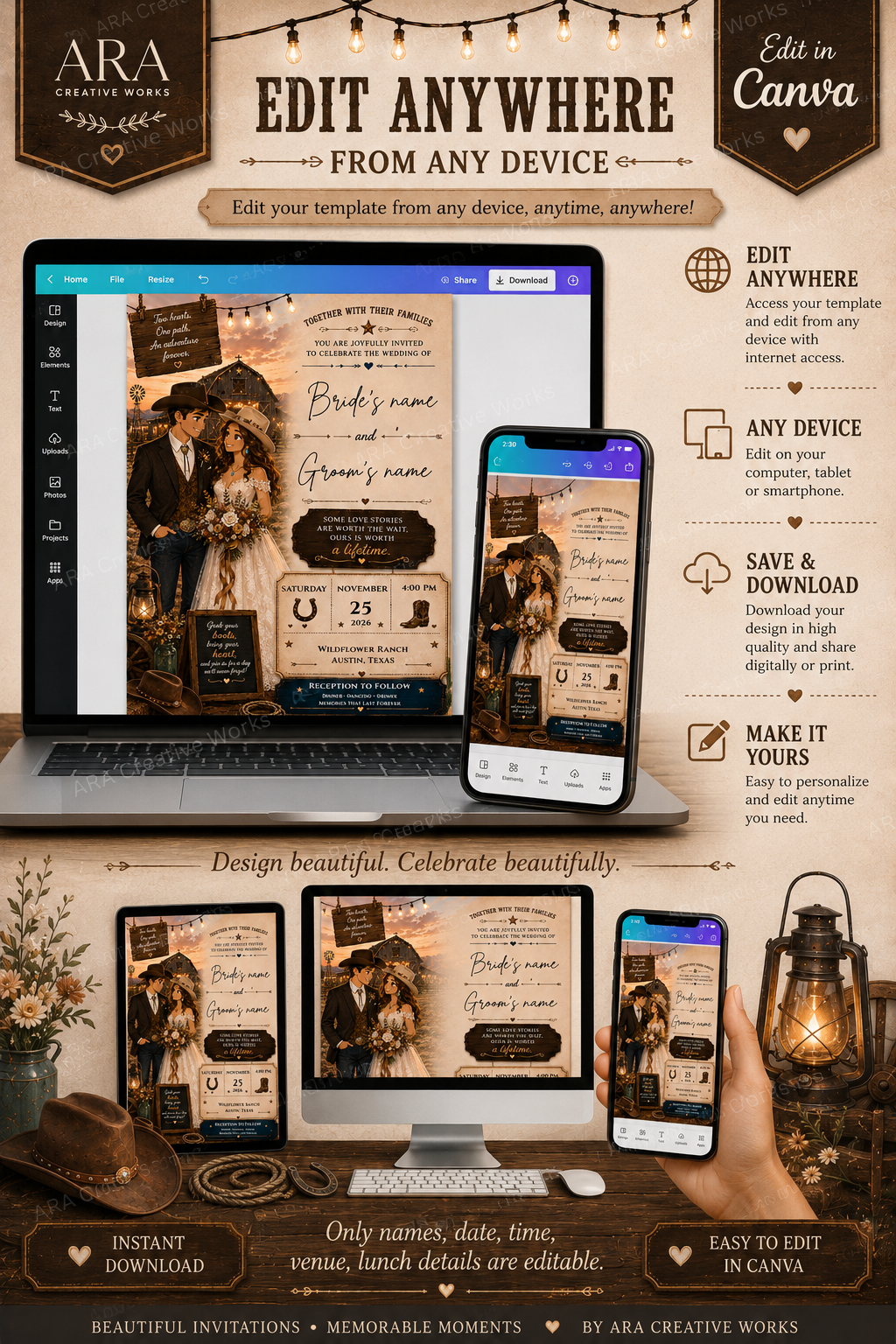Country Love Wedding Invitation Template | Western Wedding Invitation | Cowboy Wedding Invite | Rustic Ranch Wedding | Canva Editable Invitation