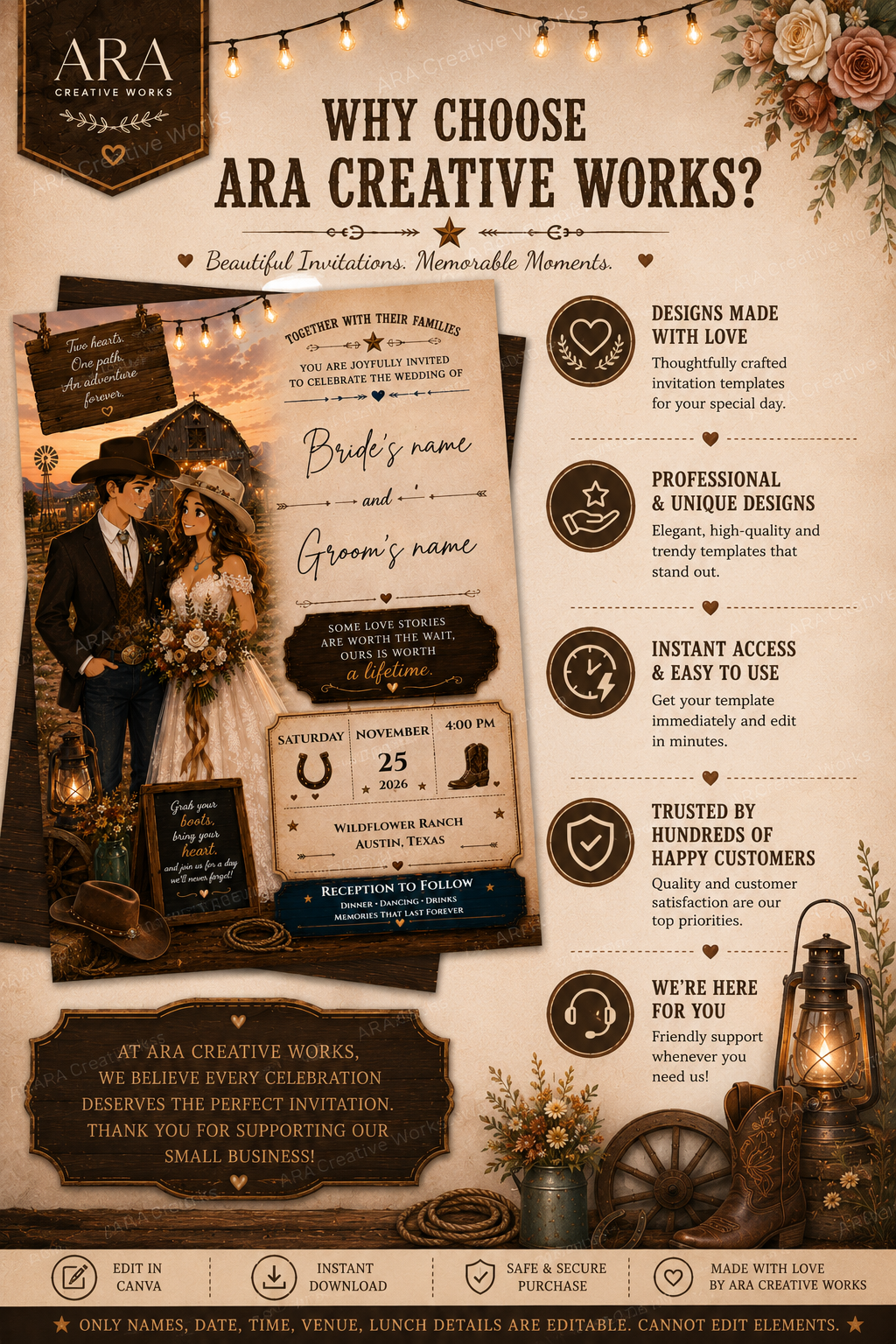 Country Love Wedding Invitation Template | Western Wedding Invitation | Cowboy Wedding Invite | Rustic Ranch Wedding | Canva Editable Invitation