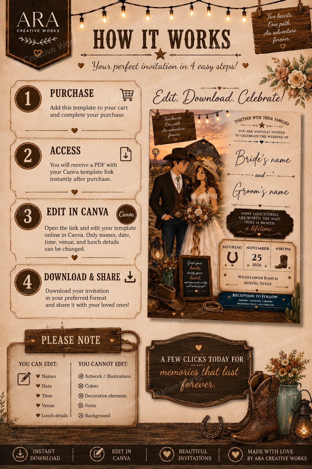 Country Love Wedding Invitation Template | Western Wedding Invitation | Cowboy Wedding Invite | Rustic Ranch Wedding | Canva Editable Invitation