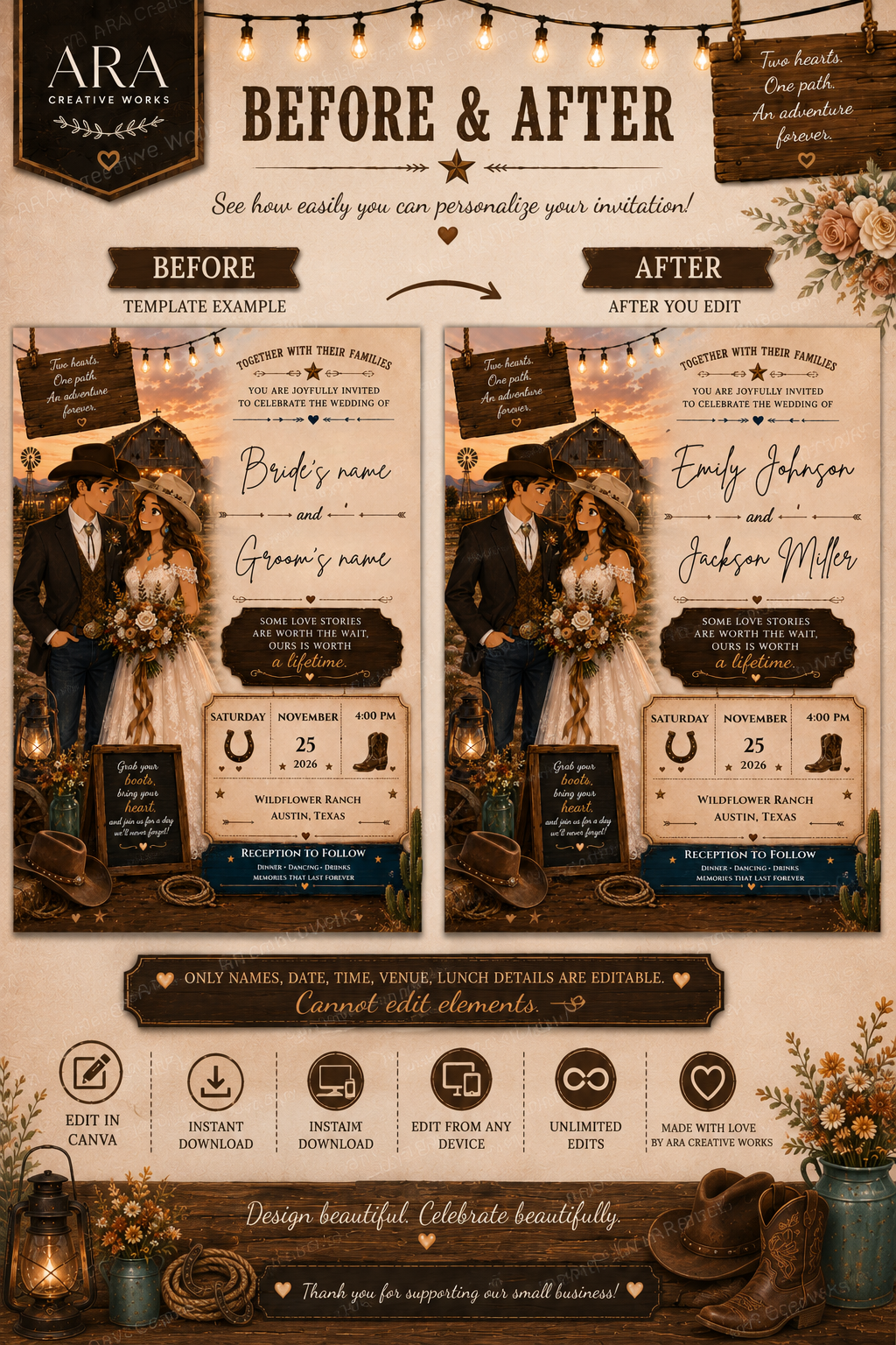 Country Love Wedding Invitation Template | Western Wedding Invitation | Cowboy Wedding Invite | Rustic Ranch Wedding | Canva Editable Invitation