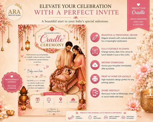 Editable Cradle Ceremony Invitation Template | Pink Floral Hindu Baby Naming Ceremony Invite | Canva Digital Download