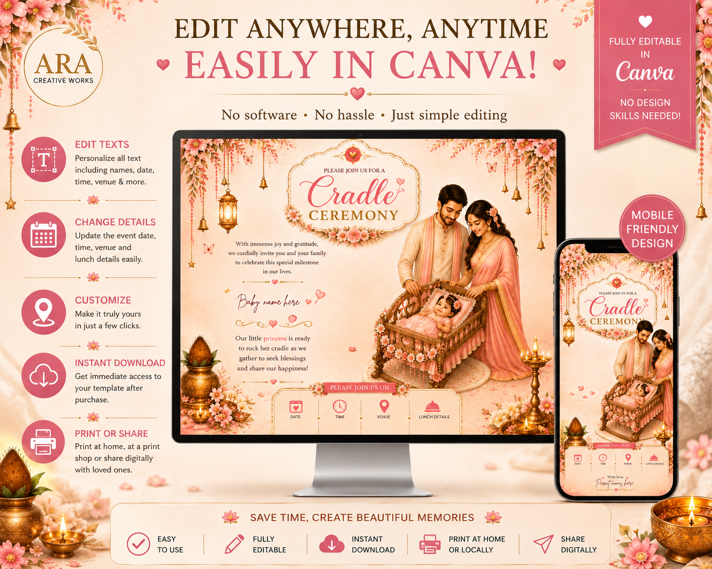 Editable Cradle Ceremony Invitation Template | Pink Floral Hindu Baby Naming Ceremony Invite | Canva Digital Download