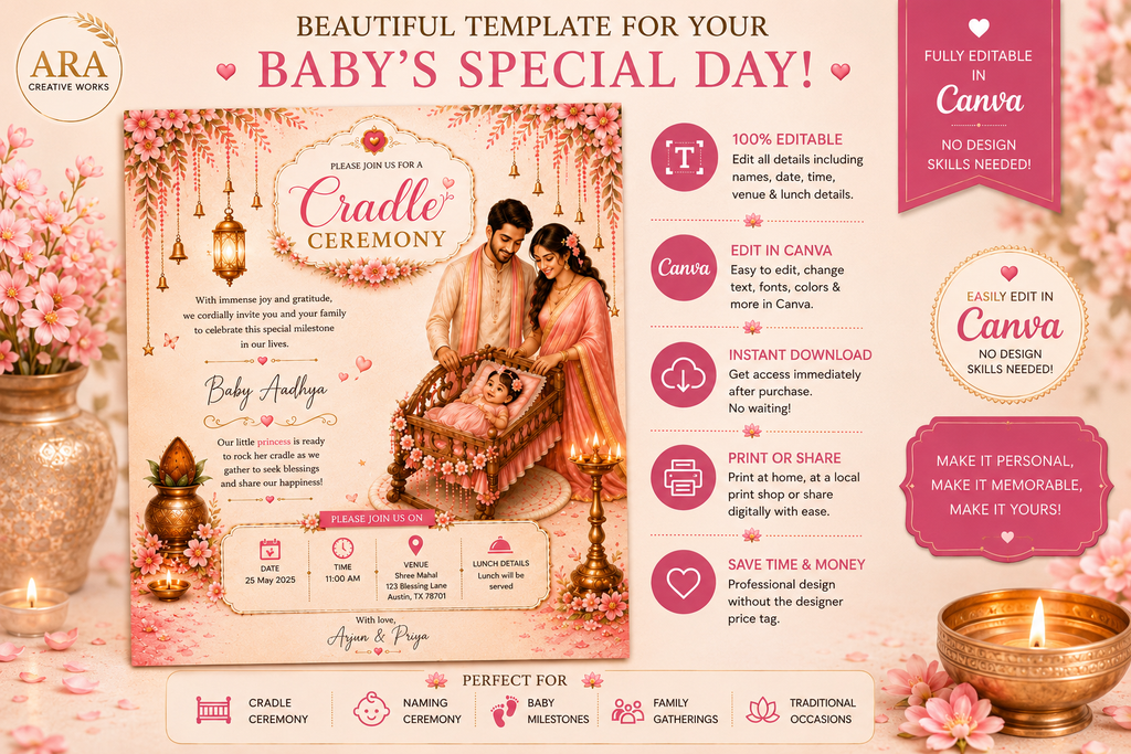 Editable Cradle Ceremony Invitation Template | Pink Floral Hindu Baby Naming Ceremony Invite | Canva Digital Download