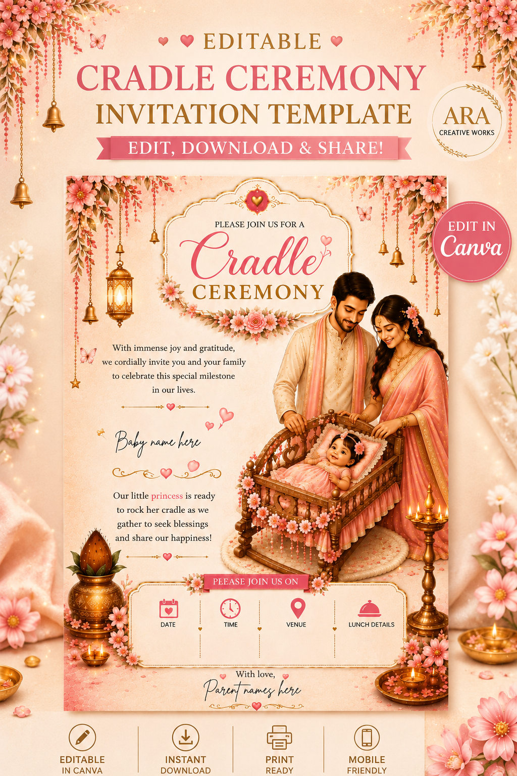 Editable Cradle Ceremony Invitation Template | Pink Floral Hindu Baby Naming Ceremony Invite | Canva Digital Download