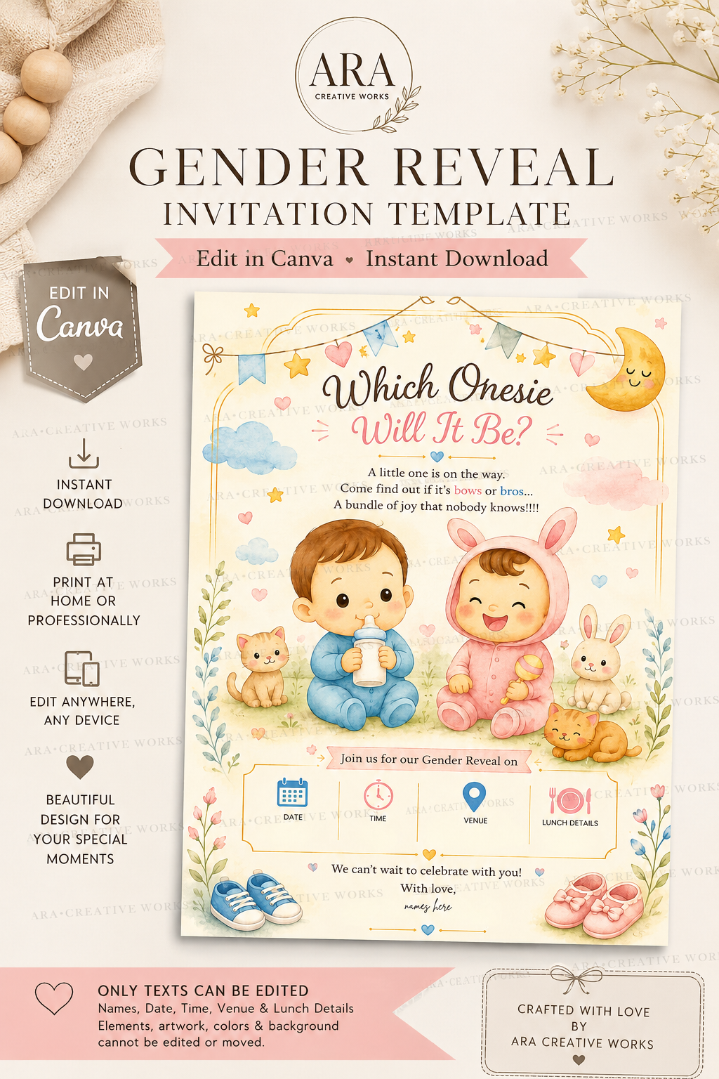 Cute Baby Onesie Gender Reveal Invitation | Canva Editable Template | Instant Download