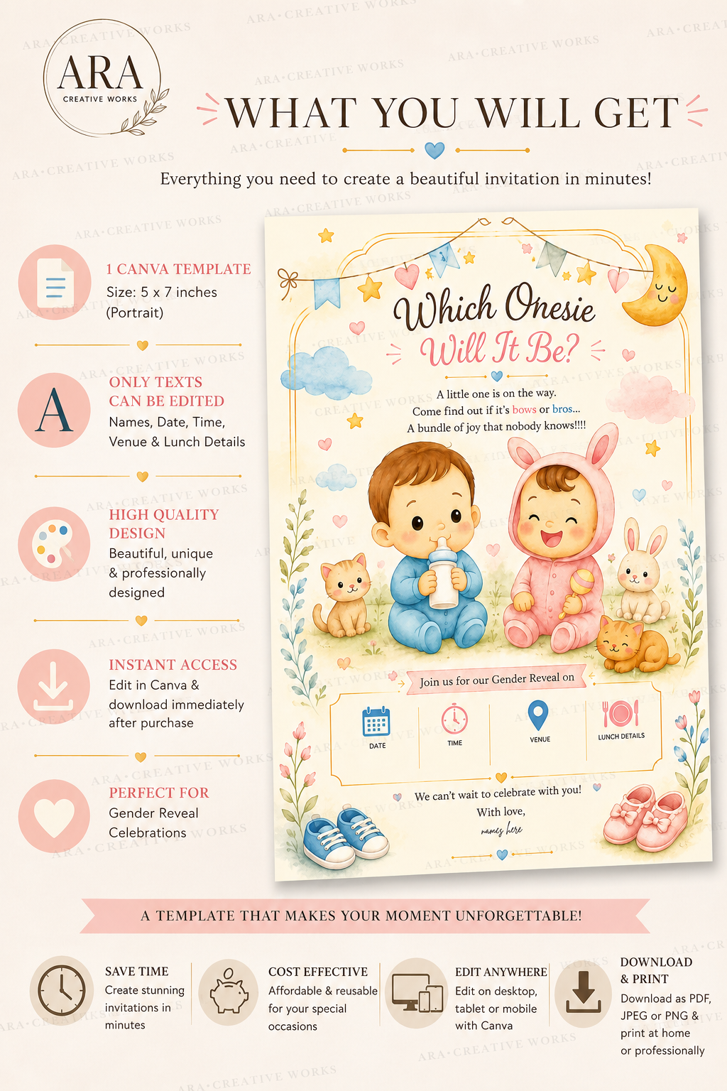 Cute Baby Onesie Gender Reveal Invitation | Canva Editable Template | Instant Download