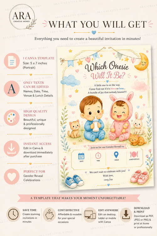 Cute Baby Onesie Gender Reveal Invitation | Canva Editable Template | Instant Download