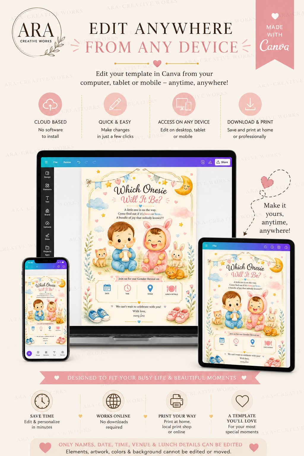 Cute Baby Onesie Gender Reveal Invitation | Canva Editable Template | Instant Download