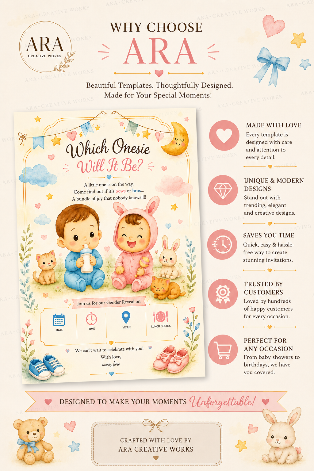 Cute Baby Onesie Gender Reveal Invitation | Canva Editable Template | Instant Download