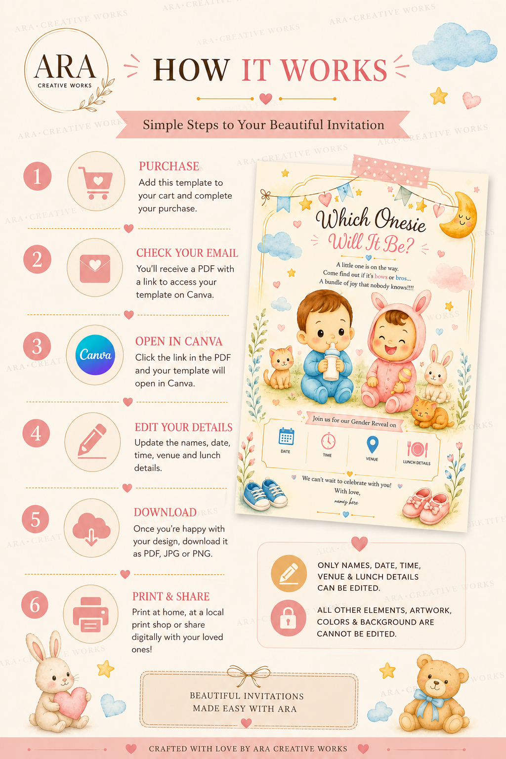 Cute Baby Onesie Gender Reveal Invitation | Canva Editable Template | Instant Download