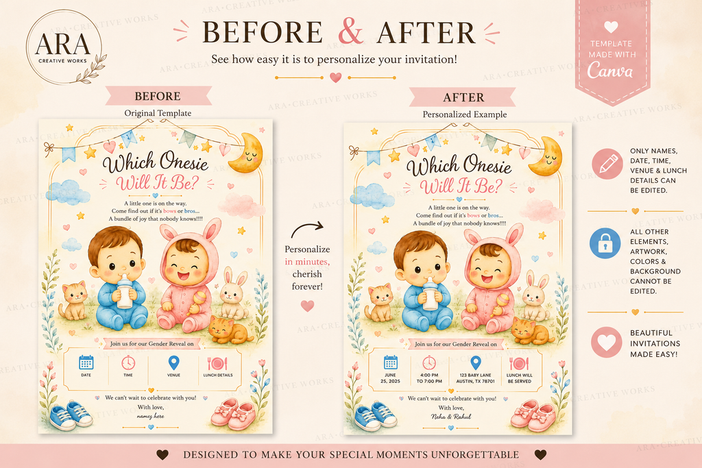 Cute Baby Onesie Gender Reveal Invitation | Canva Editable Template | Instant Download