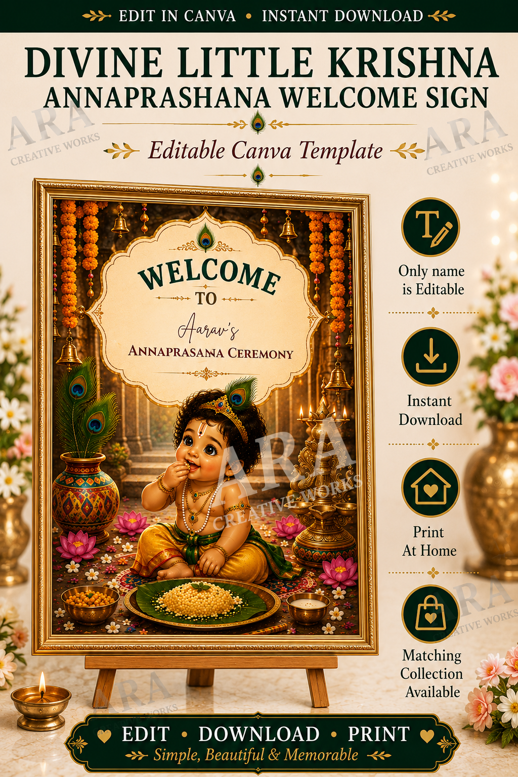 Divine Little Krishna Annaprashana Welcome Sign | Editable Canva Template | First Rice Ceremony Welcome Board | Indian Baby Ceremony Sign