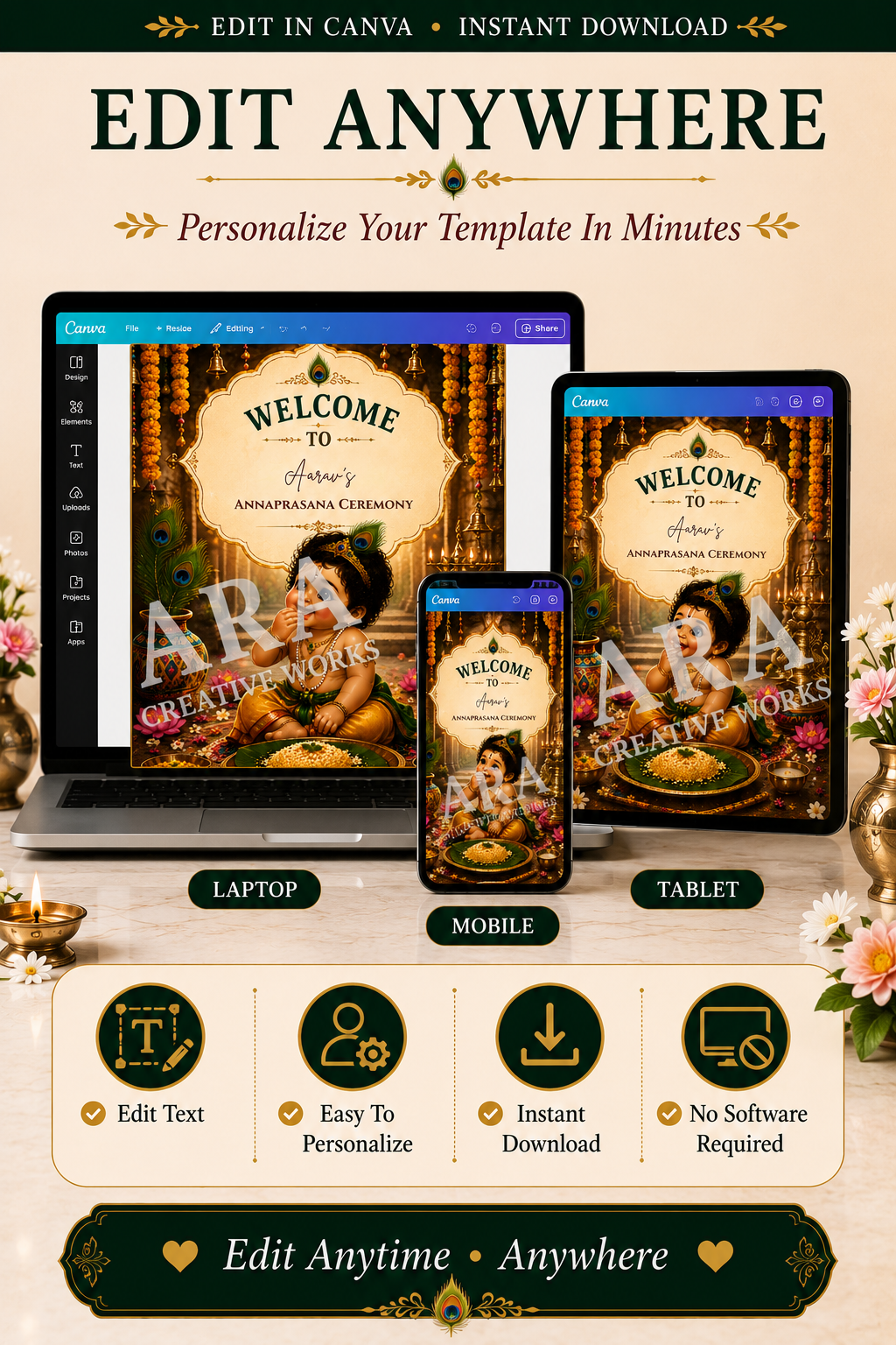 Divine Little Krishna Annaprashana Welcome Sign | Editable Canva Template | First Rice Ceremony Welcome Board | Indian Baby Ceremony Sign