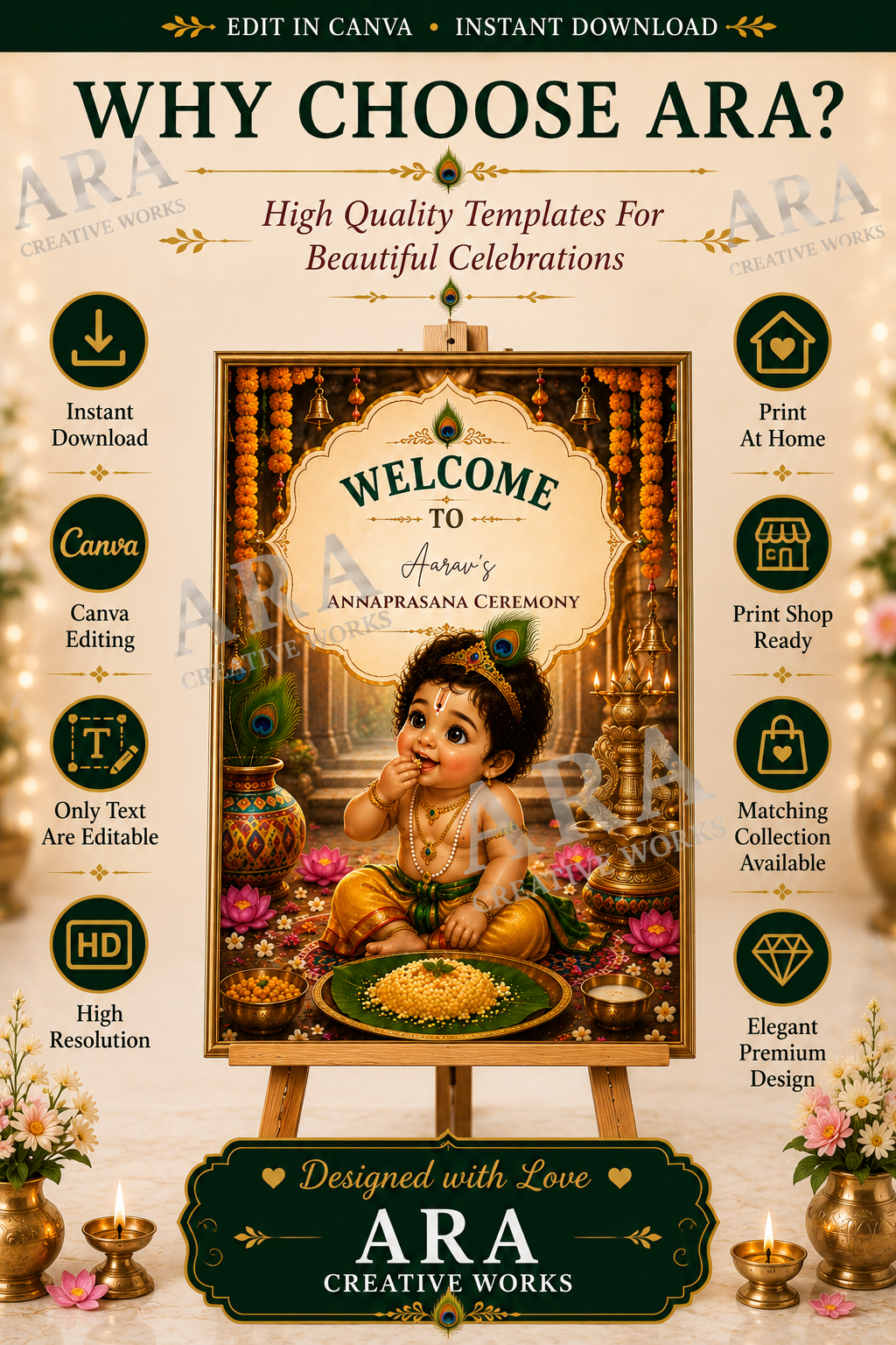 Divine Little Krishna Annaprashana Welcome Sign | Editable Canva Template | First Rice Ceremony Welcome Board | Indian Baby Ceremony Sign