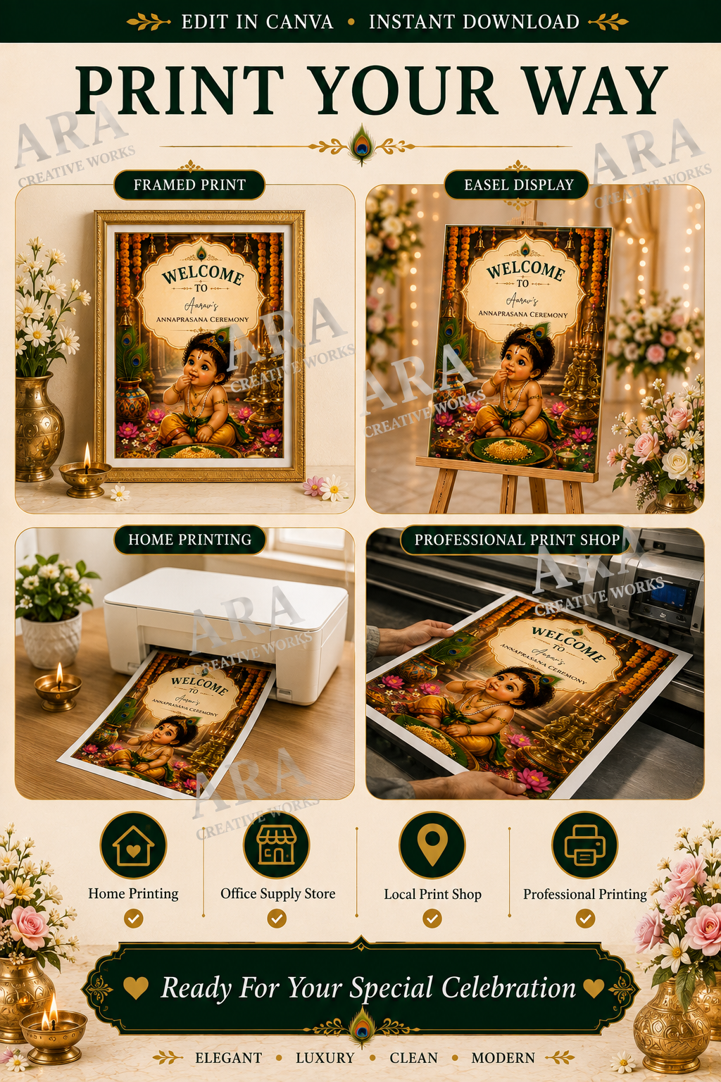 Divine Little Krishna Annaprashana Welcome Sign | Editable Canva Template | First Rice Ceremony Welcome Board | Indian Baby Ceremony Sign