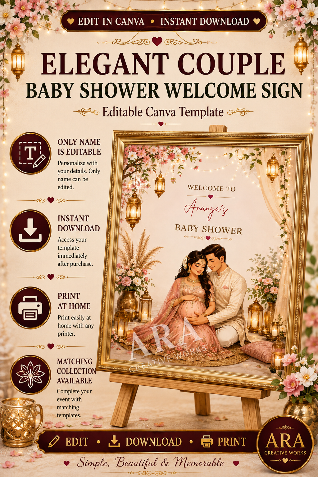 Elegant Couple Baby Shower Welcome Sign | Indian Baby Shower Welcome Sign | Editable Canva Template | Godh Bharai Welcome Sign | Digital Download