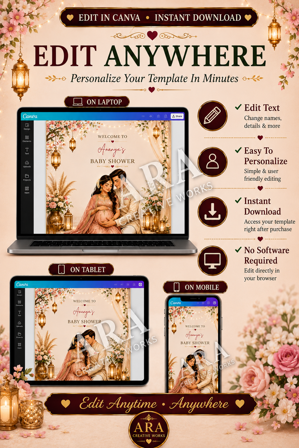 Elegant Couple Baby Shower Welcome Sign | Indian Baby Shower Welcome Sign | Editable Canva Template | Godh Bharai Welcome Sign | Digital Download