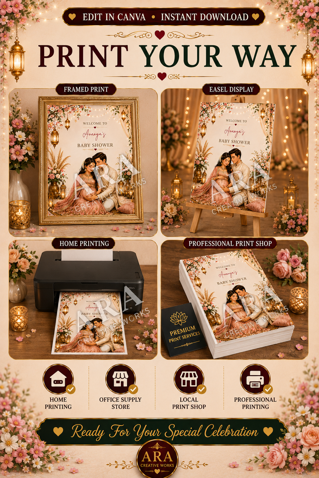 Elegant Couple Baby Shower Welcome Sign | Indian Baby Shower Welcome Sign | Editable Canva Template | Godh Bharai Welcome Sign | Digital Download