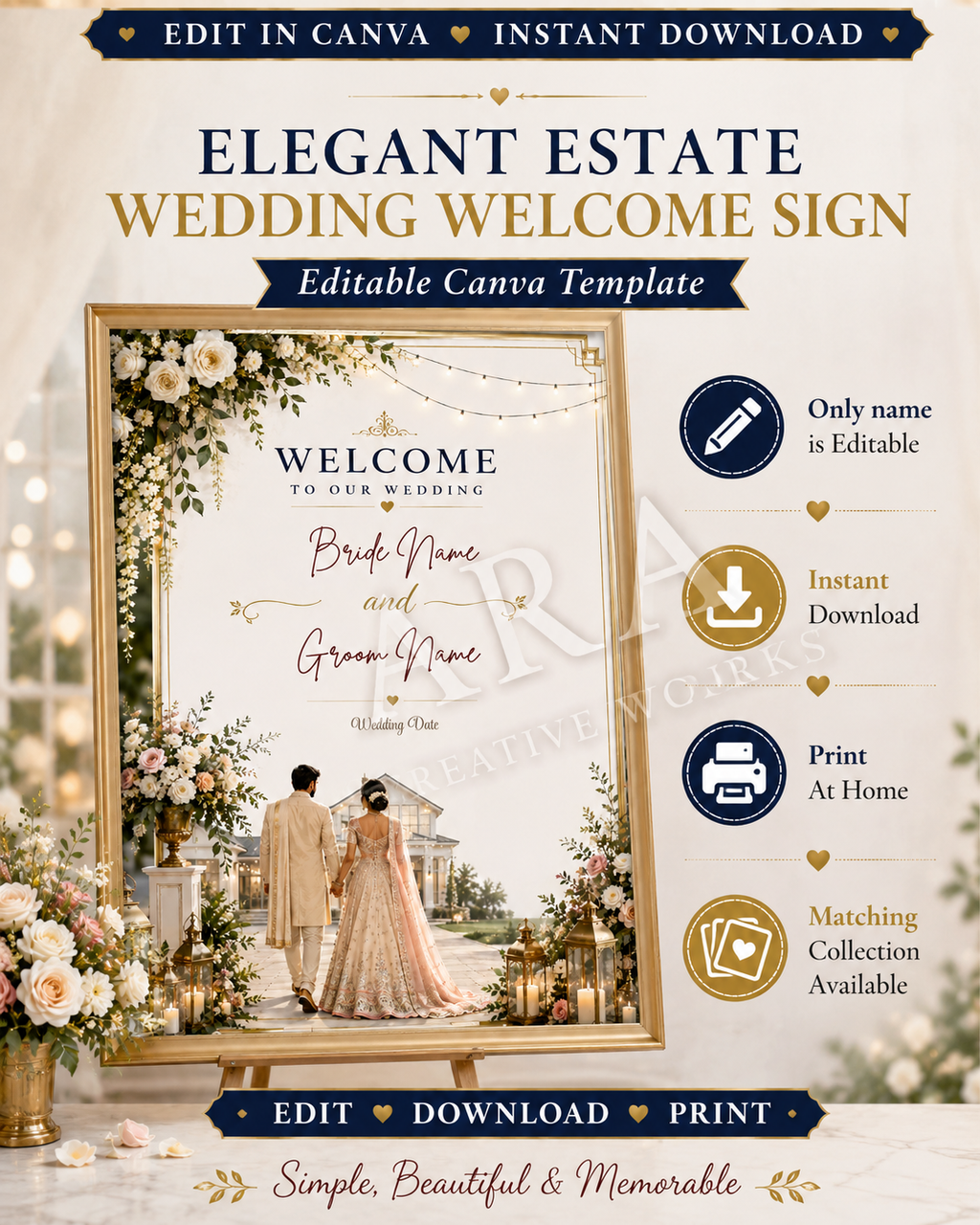 Elegant Estate Wedding Welcome Sign, Editable Canva Wedding Sign, Printable Wedding Welcome Sign, Elegant Wedding Decor, Instant Download