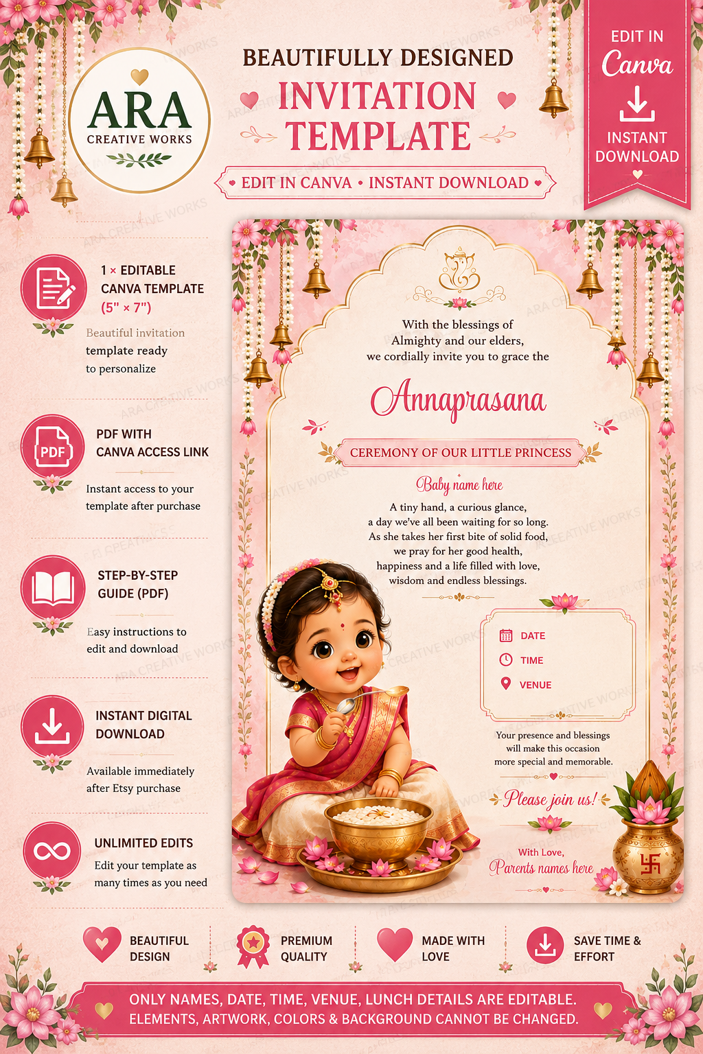 Elegant Floral Annaprasana Ceremony Invitation | Editable Canva Template | Instant Download