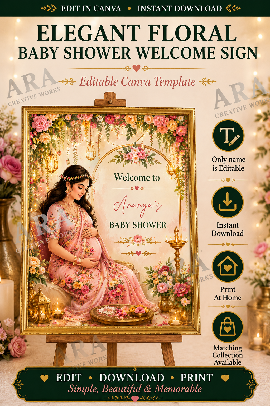 Elegant Floral Baby Shower Welcome Sign | Editable Canva Template | Indian Baby Shower Welcome Board | Floral Mom to Be Sign | Digital Download