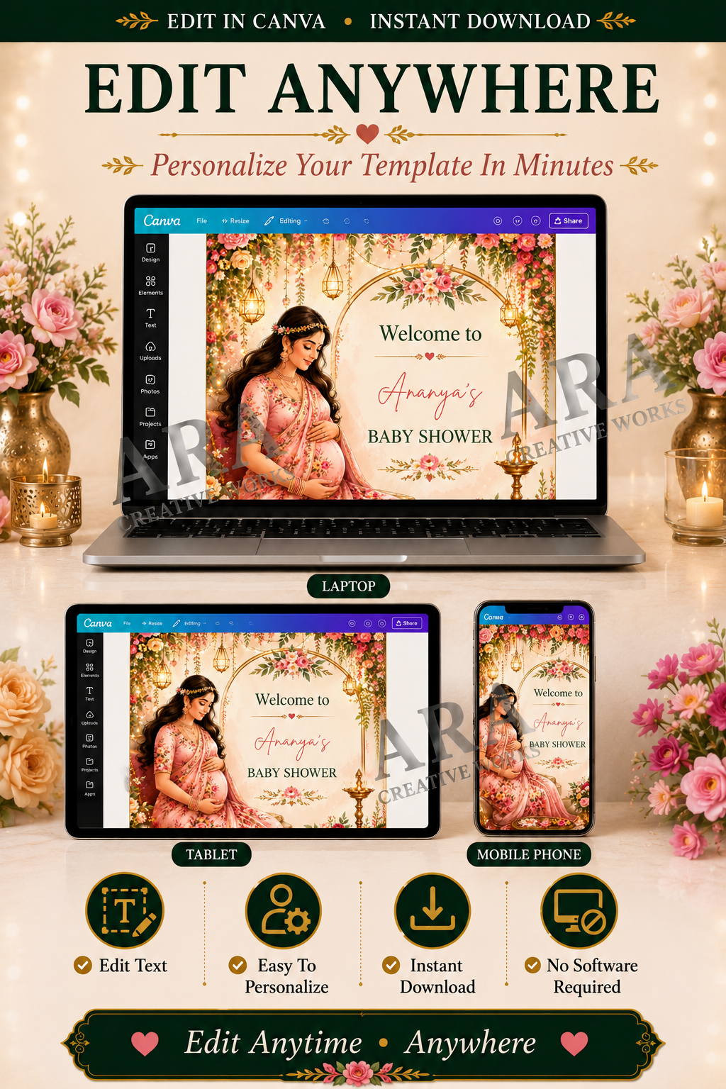 Elegant Floral Baby Shower Welcome Sign | Editable Canva Template | Indian Baby Shower Welcome Board | Floral Mom to Be Sign | Digital Download