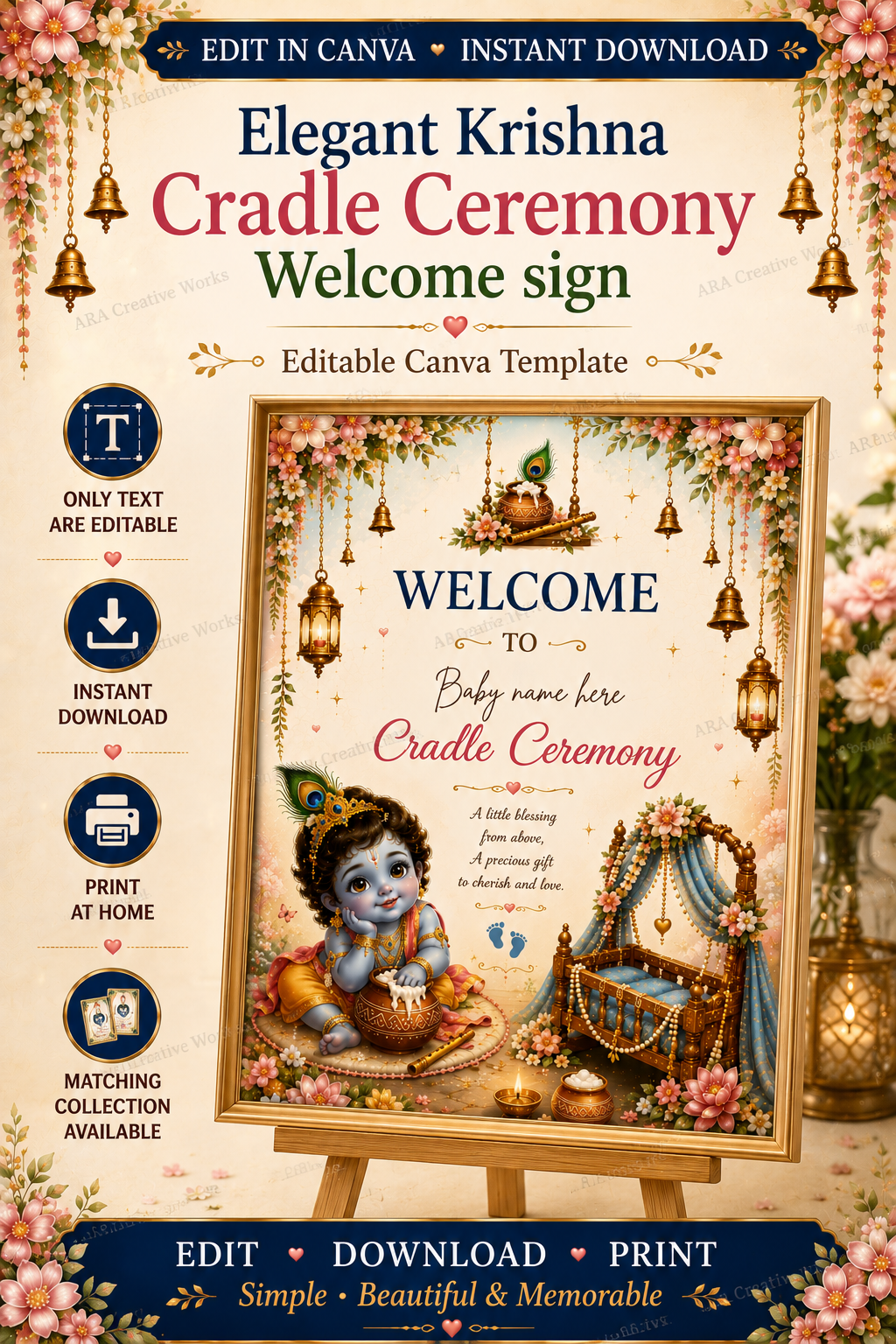 Elegant Krishna Cradle Ceremony Welcome Sign, Editable Canva Template, Little Krishna Naming Ceremony Welcome Board, Indian Baby Decor