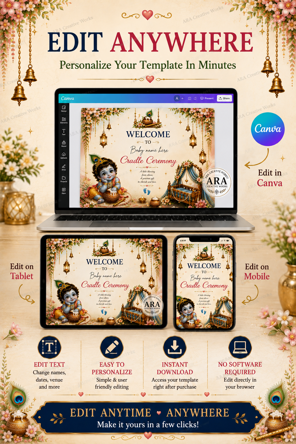 Elegant Krishna Cradle Ceremony Welcome Sign, Editable Canva Template, Little Krishna Naming Ceremony Welcome Board, Indian Baby Decor