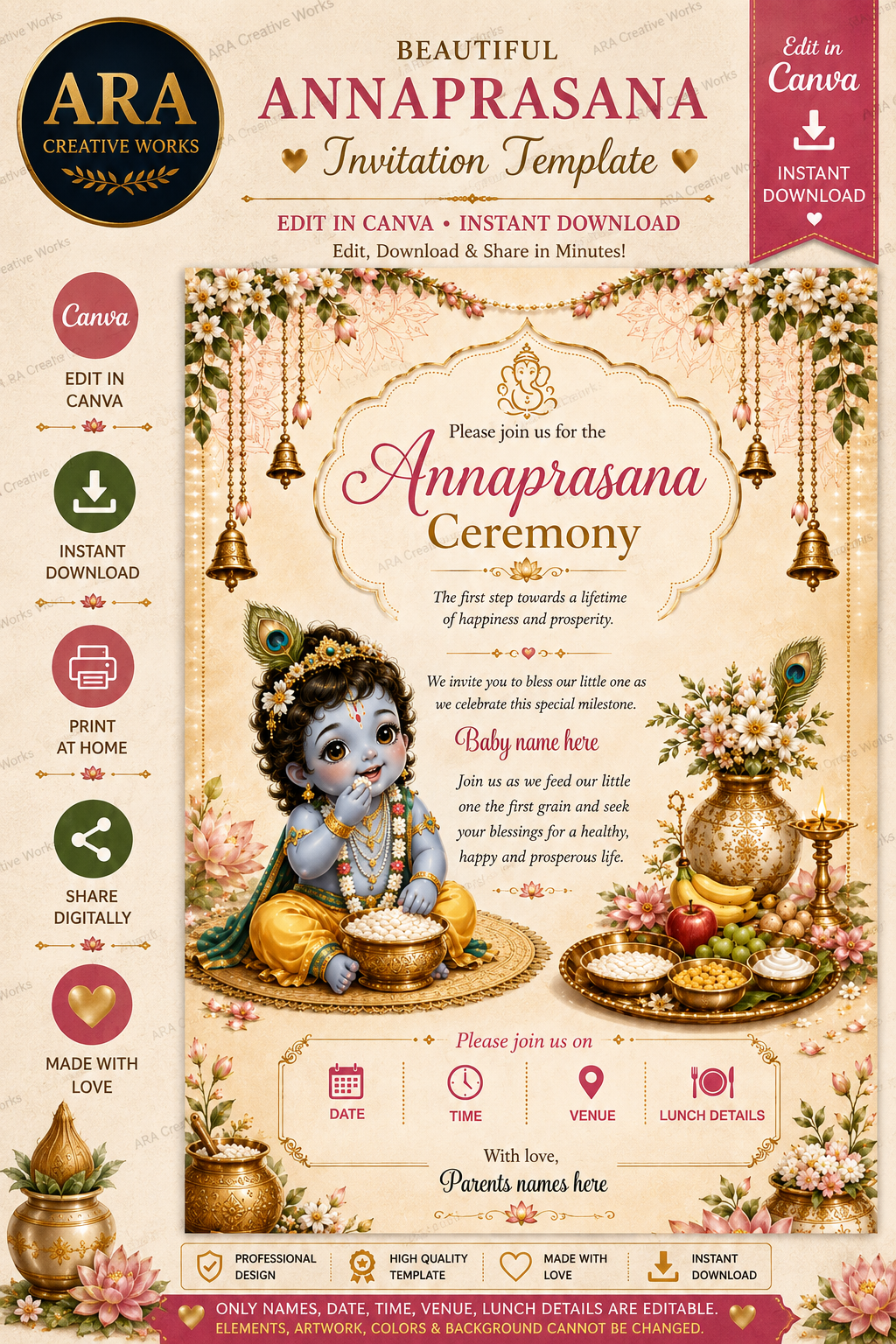 Elegant Little Krishna Annaprasana Invitation | Editable Canva First Rice Ceremony Invite