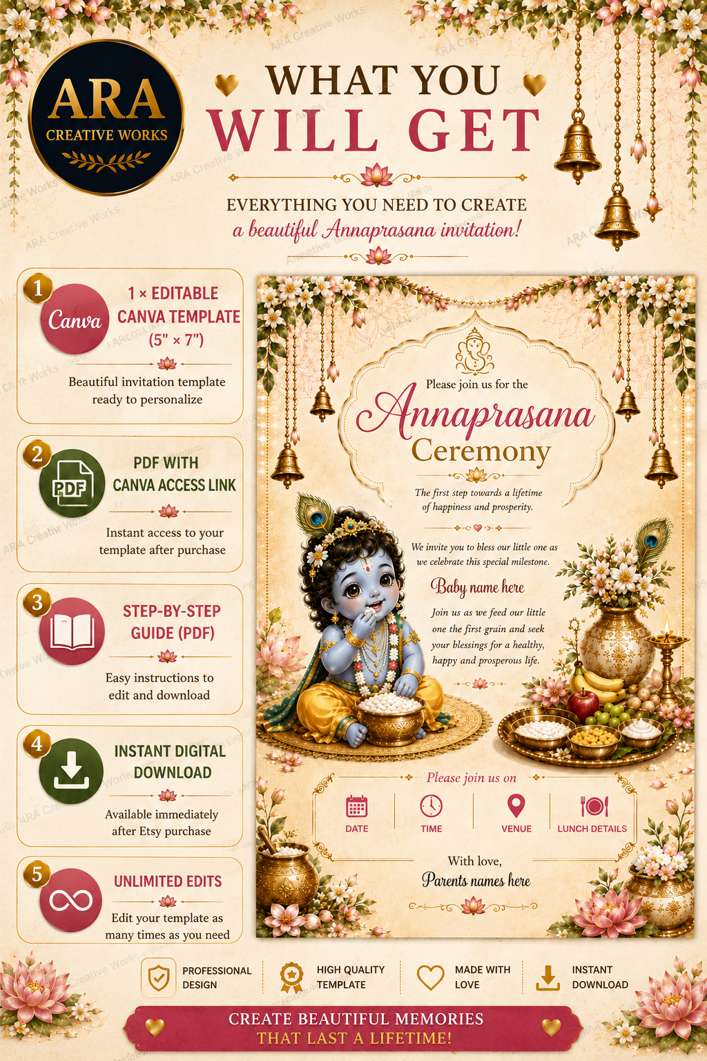 Elegant Little Krishna Annaprasana Invitation | Editable Canva First Rice Ceremony Invite
