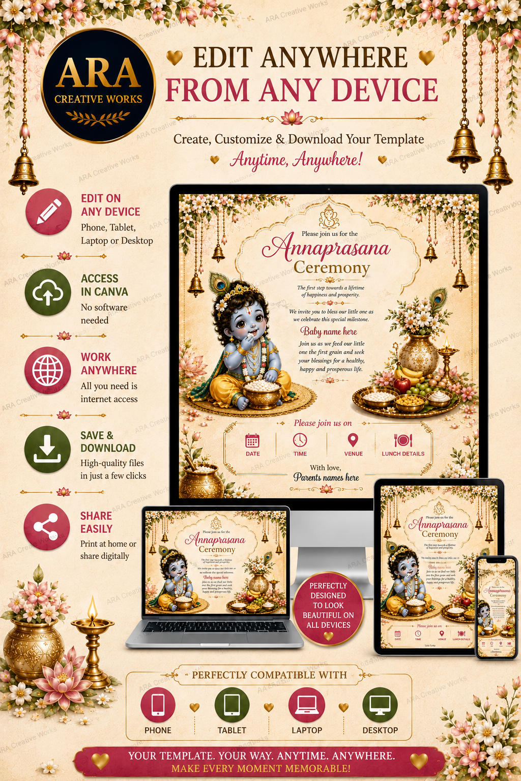 Elegant Little Krishna Annaprasana Invitation | Editable Canva First Rice Ceremony Invite
