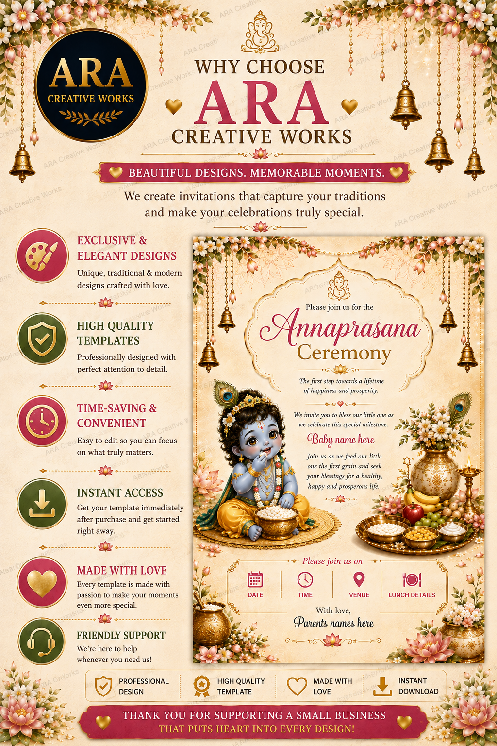 Elegant Little Krishna Annaprasana Invitation | Editable Canva First Rice Ceremony Invite