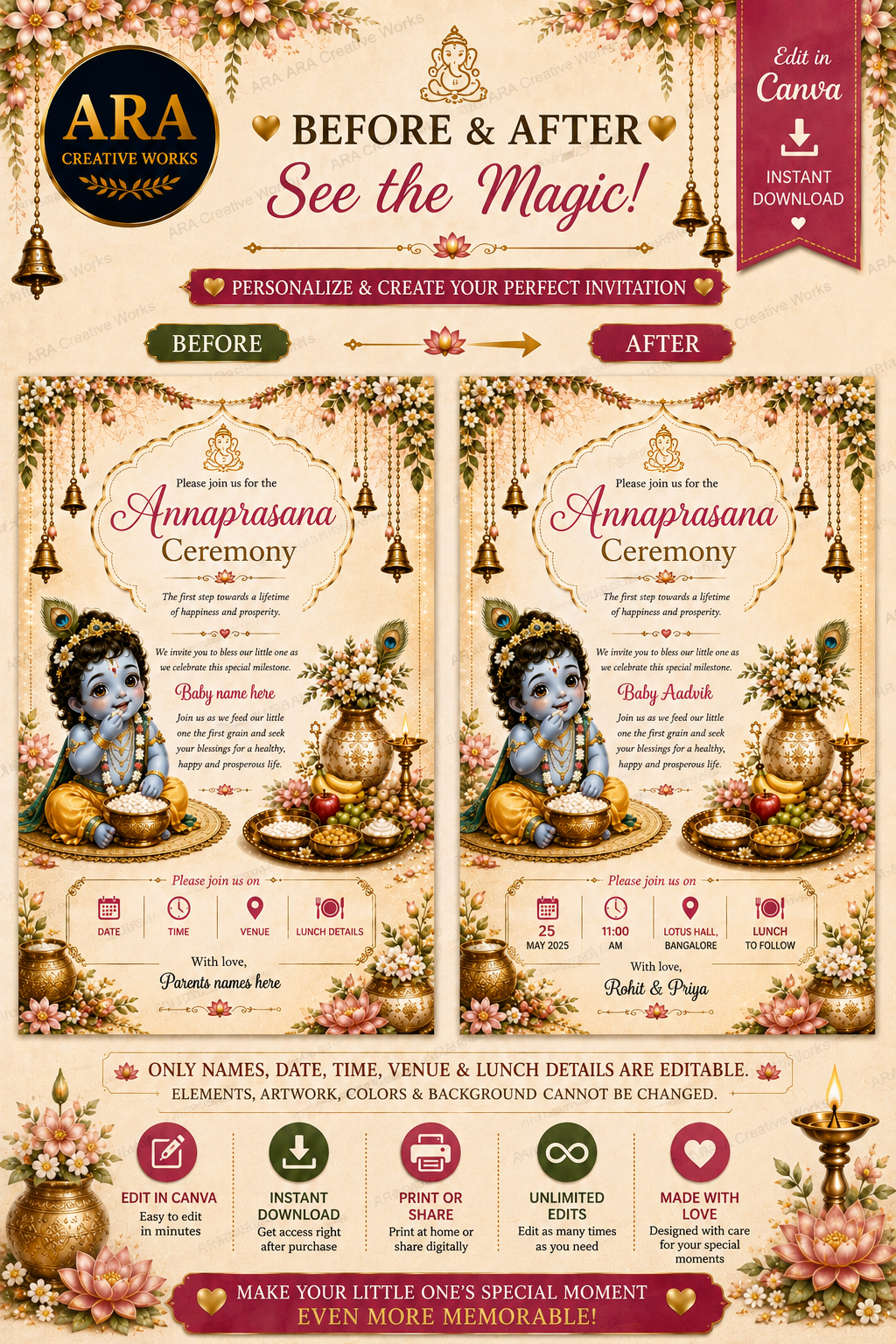 Elegant Little Krishna Annaprasana Invitation | Editable Canva First Rice Ceremony Invite