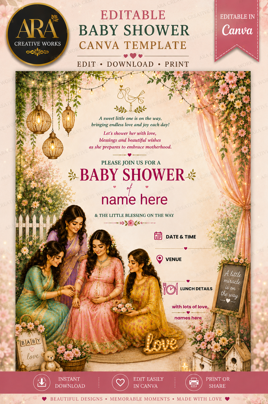 Elegant Pink Floral Baby Shower Invitation | Editable Canva Template | Seemantham Invite | Valaikappu | Digital Download