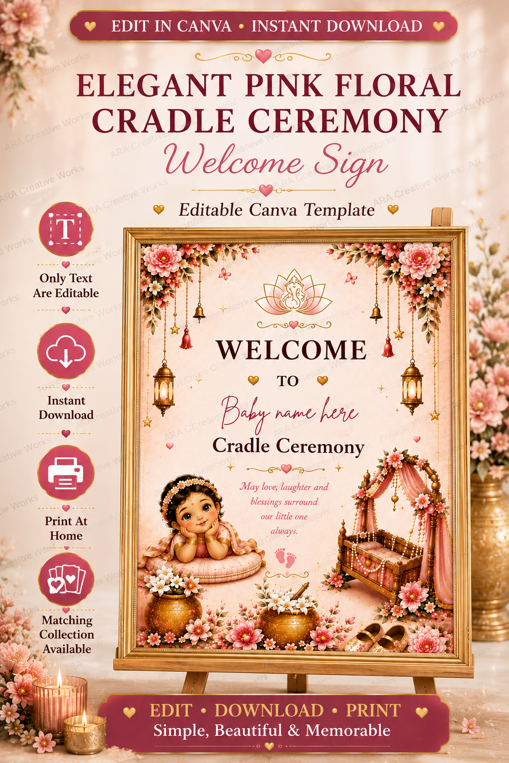 Elegant Pink Floral Cradle Ceremony Welcome Sign | Editable Canva Template