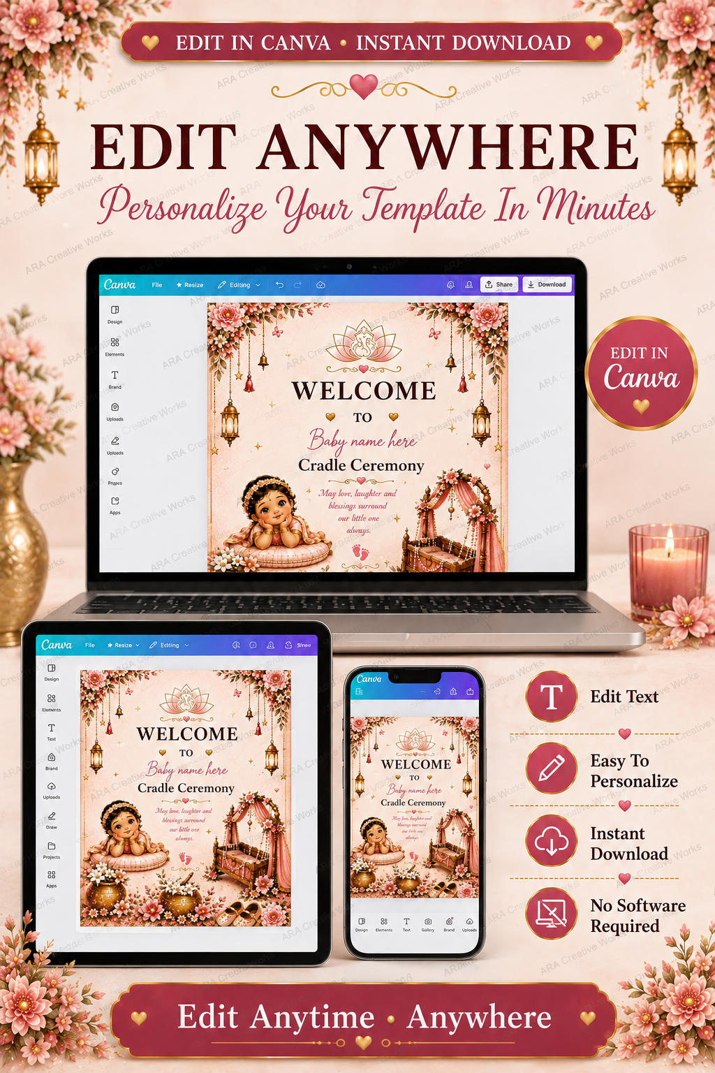 Elegant Pink Floral Cradle Ceremony Welcome Sign | Editable Canva Template