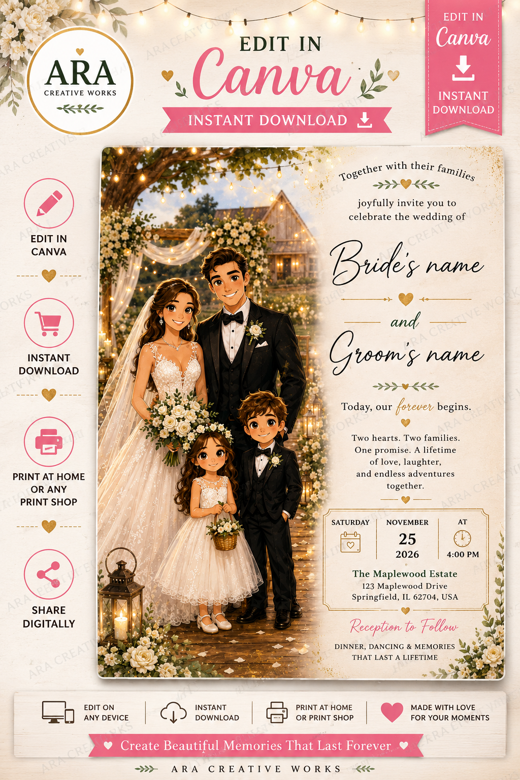 Elegant Rustic Family Wedding Invitation Template | Editable Canva Wedding Invite | Instant Download