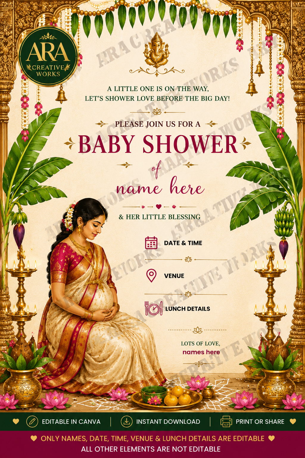 Elegant Seemantham Invitation | Editable Canva Template | South Indian Baby Shower Invite | Digital Download