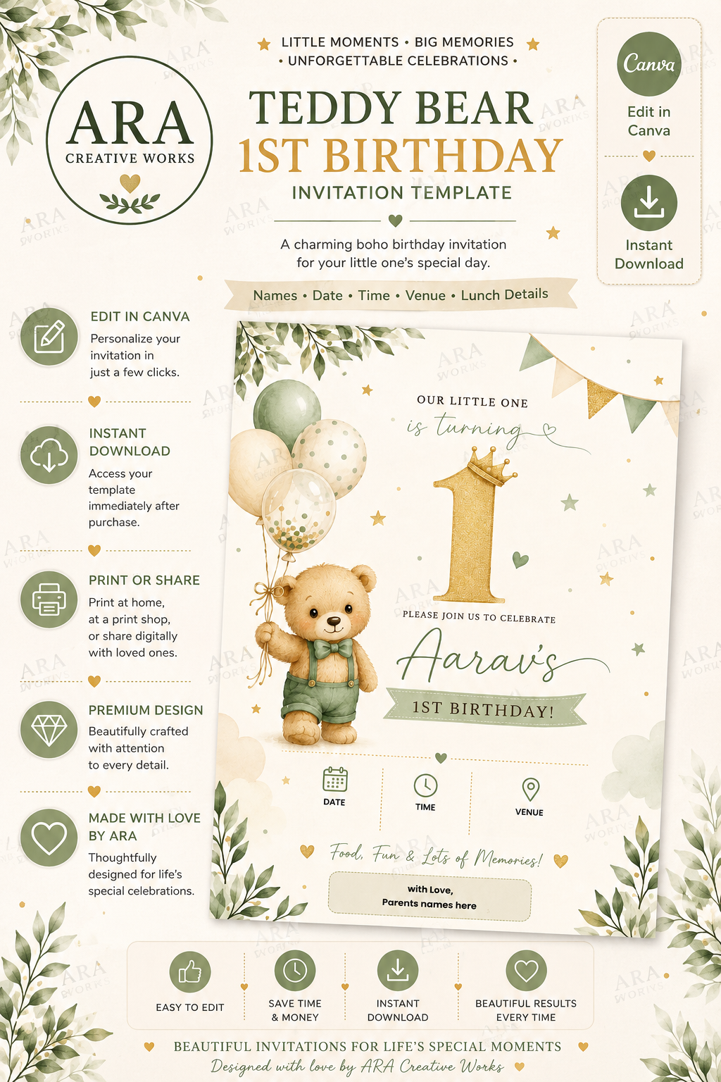 Elegant Teddy Bear Birthday Invitation Template | Editable Canva 1st Birthday Invite | Instant Digital Download